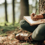 A man journaling in the woods.