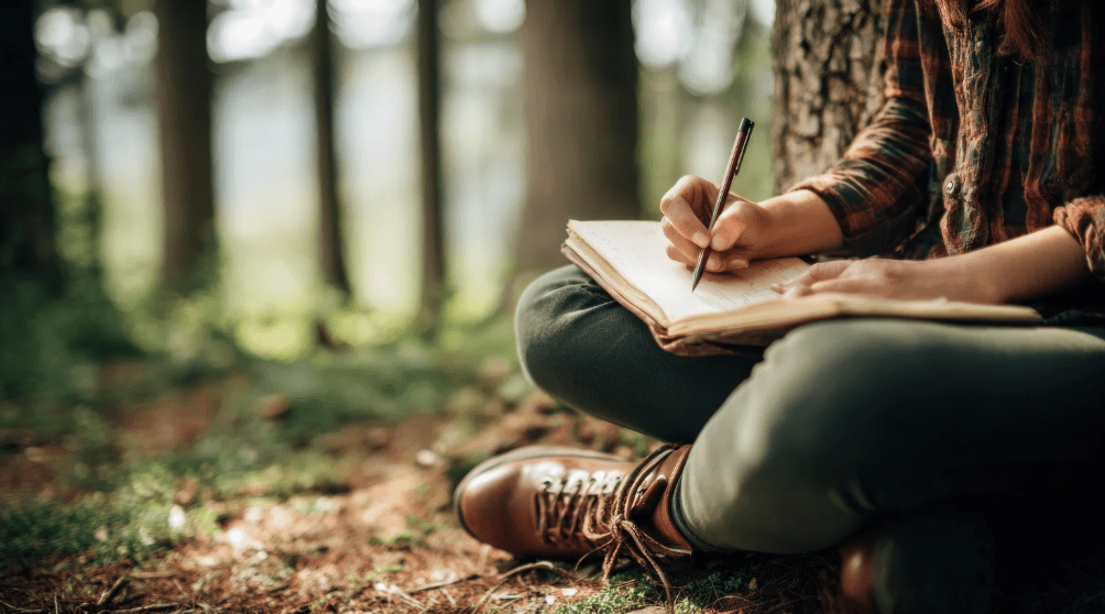 A man journaling in the woods.
